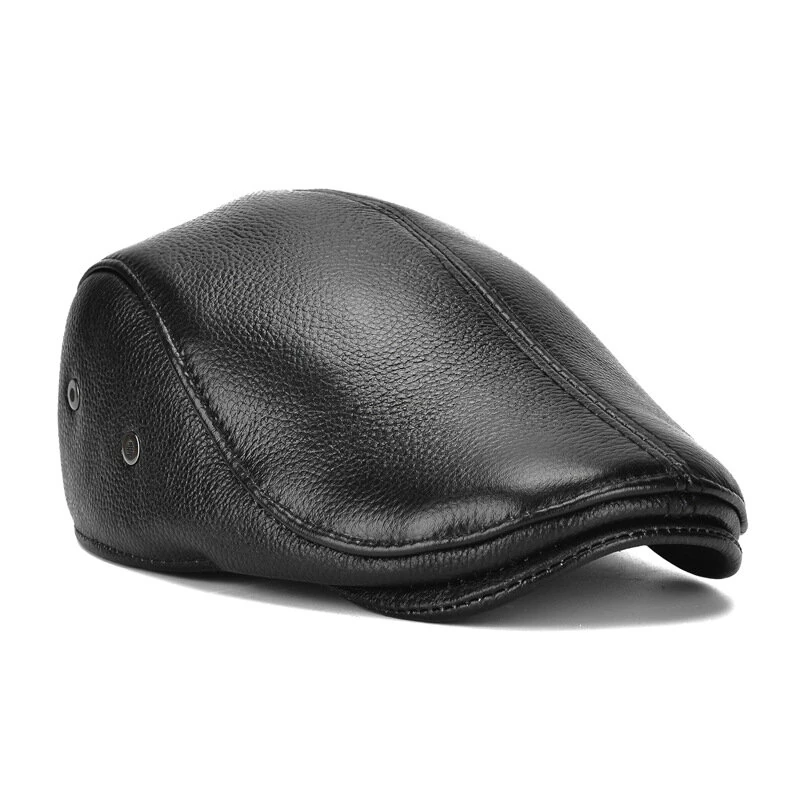 (image for) Collrown Men's Outdoor Genuine Leather Berets Forward Cap for Autumn Winter Casual Flat Peaked Hat