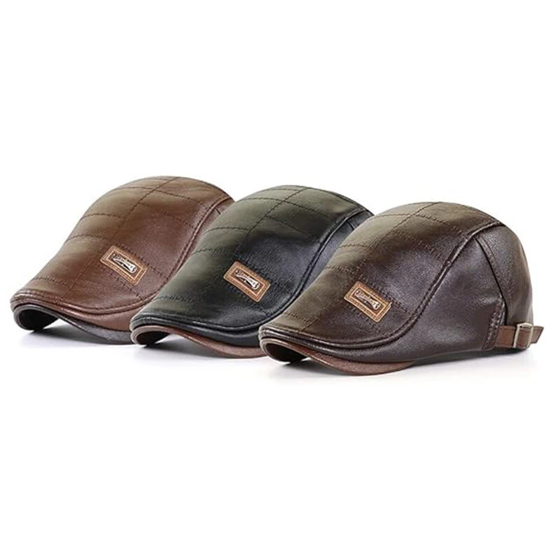 (image for) Collrown Vintage Berets Mens PU Leather Beret Hats Autumn Winter Adjustable Hats Men's Visor Warm Flat Peaked Cap Cabbie Hunting Thicken Hat