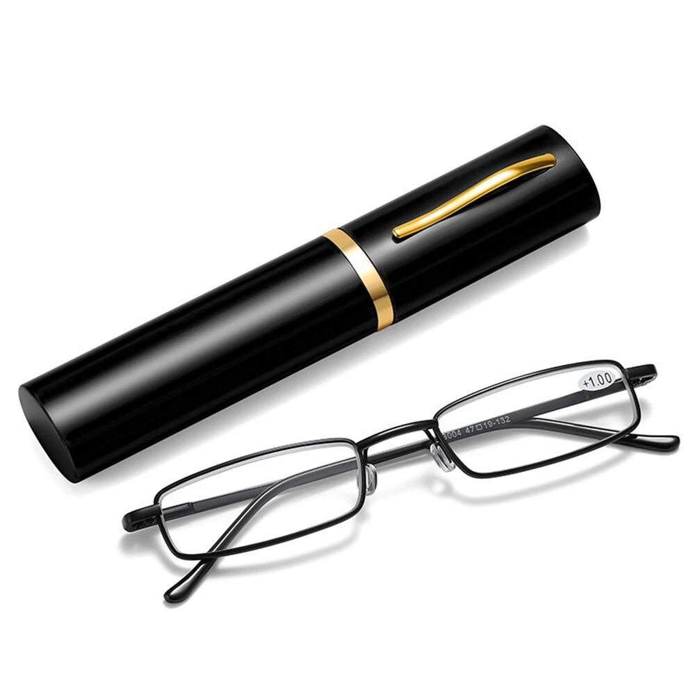 (image for) Portable Mini Lightweight Reading Glasses with Pen Tube Case Anti-blue Light Presbyopic Glasses Metal Case Women Men Eyeglasses +1.5-+3.5